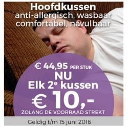 Anti allergisch, wasbaar en navulbaar hoofdkusssen nu elk tweede kussen tien euro